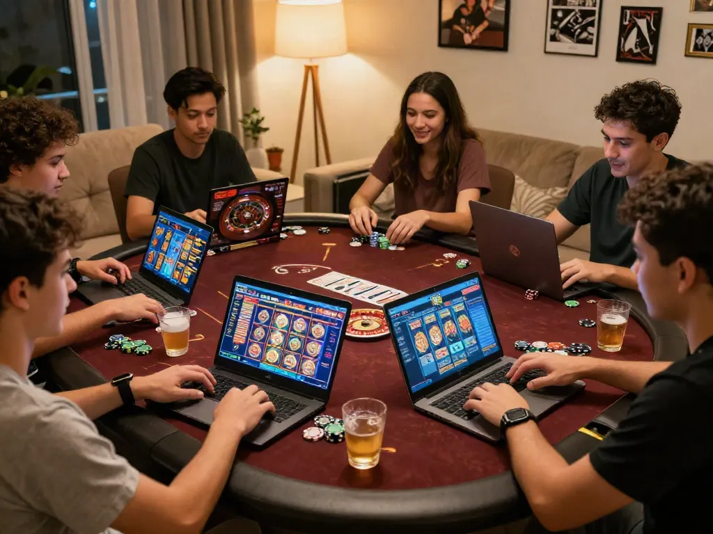 A lively gaming scene featuring players enjoying online casinos not on gamstop in a cozy living room.