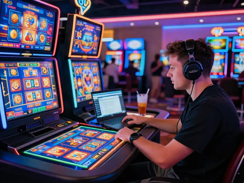 Player engaged at an online casino, showing slot games not on GamStop in a vibrant gaming environment.