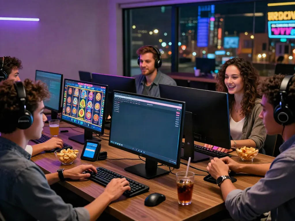 Friends enjoying an online casino experience not on gamstop at home.