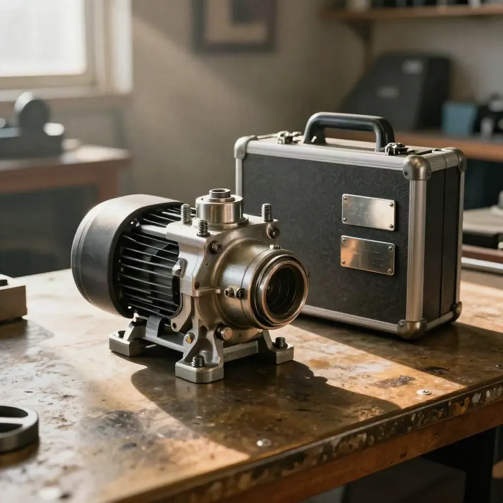 Industrial pump beside a slate case box and two steel tags in warm workshop light.