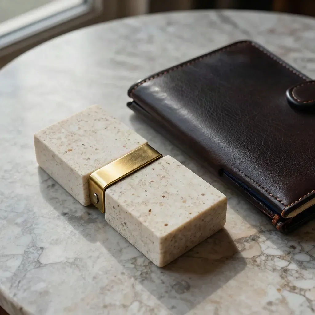 Stone sample blocks bridged by brass beside a half-closed portfolio case on a travertine table.