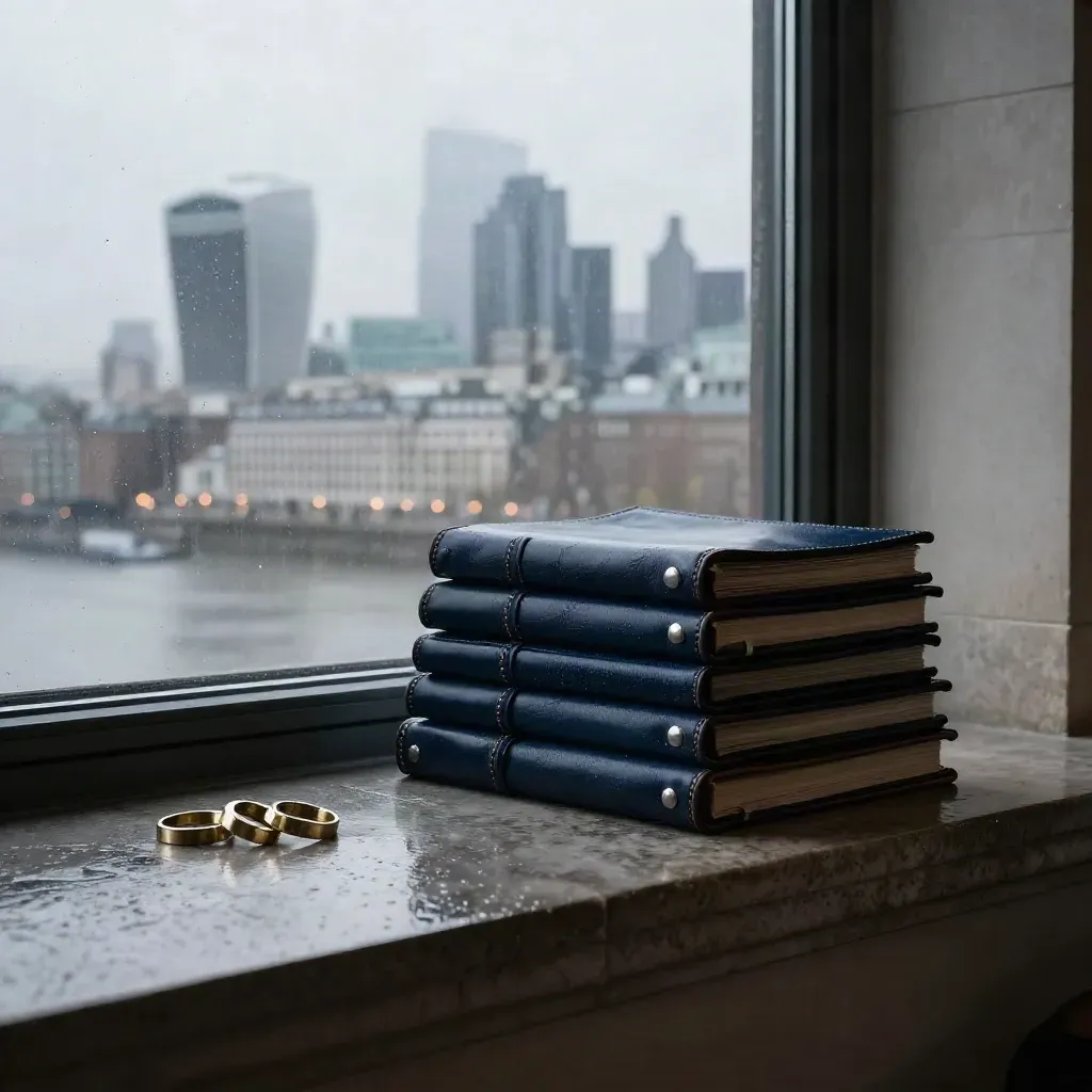 Rain-darkened London ledge with stone capital model, navy portfolios and City skyline at dawn.