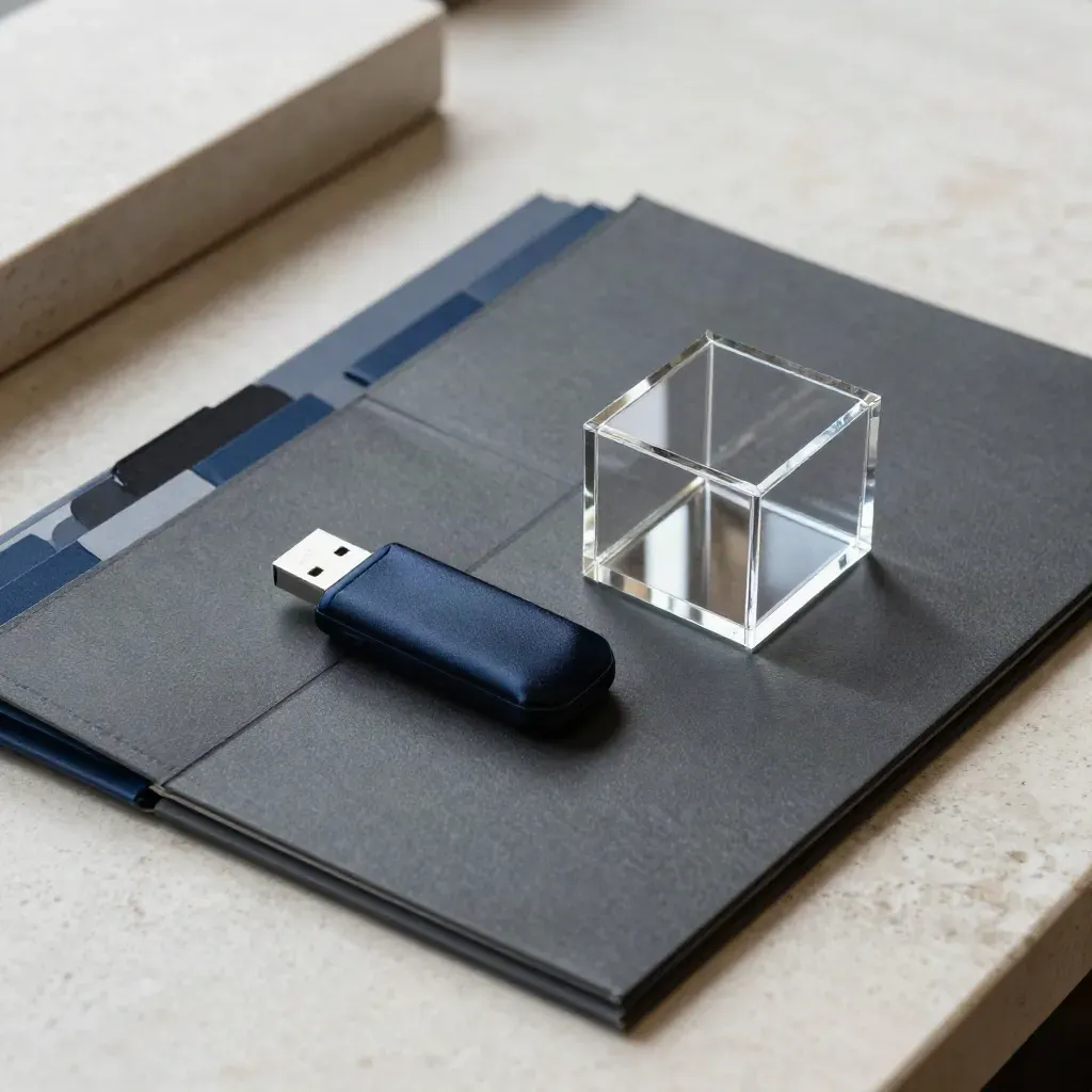 Open fundraising-prep folio with dividers, USB drive and acrylic data cube on limestone.
