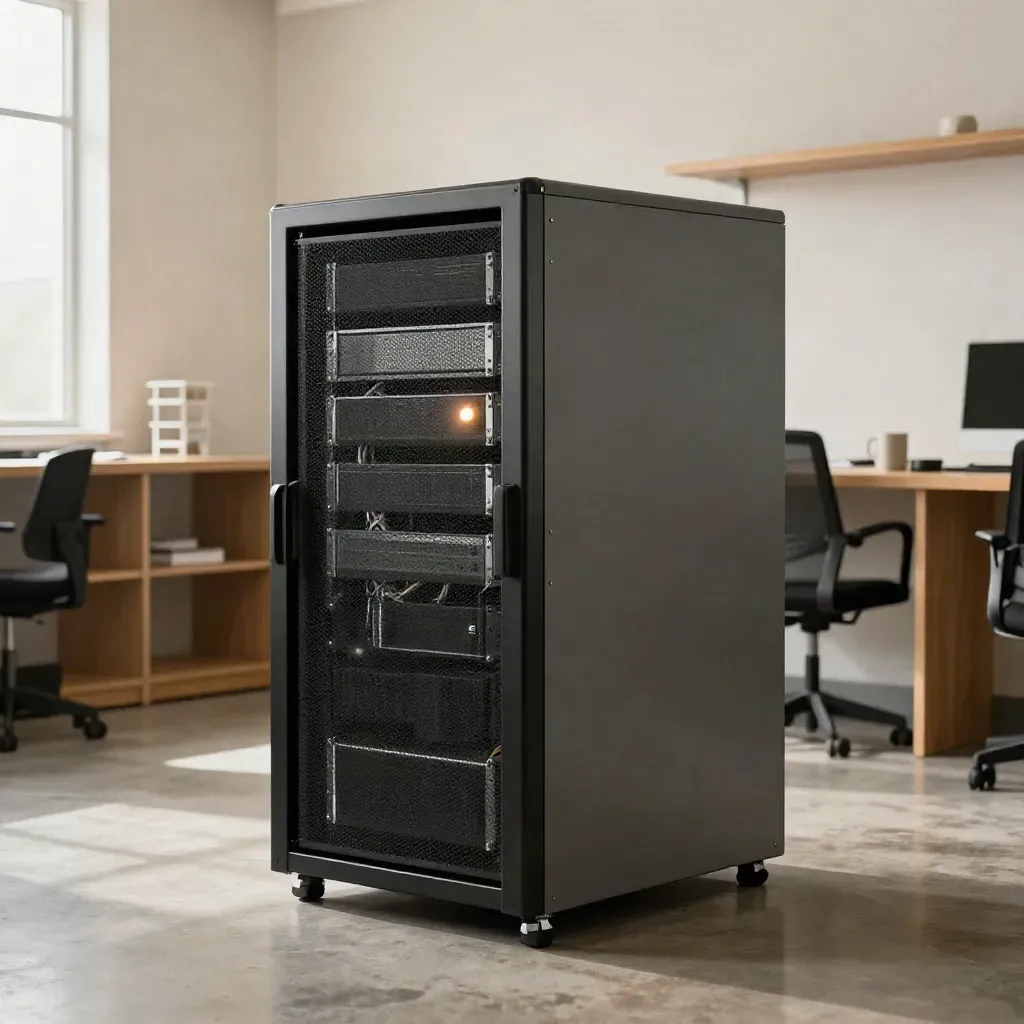 Compact server rack in a cozy startup room beside a sealed funding case, lit by warm window light.