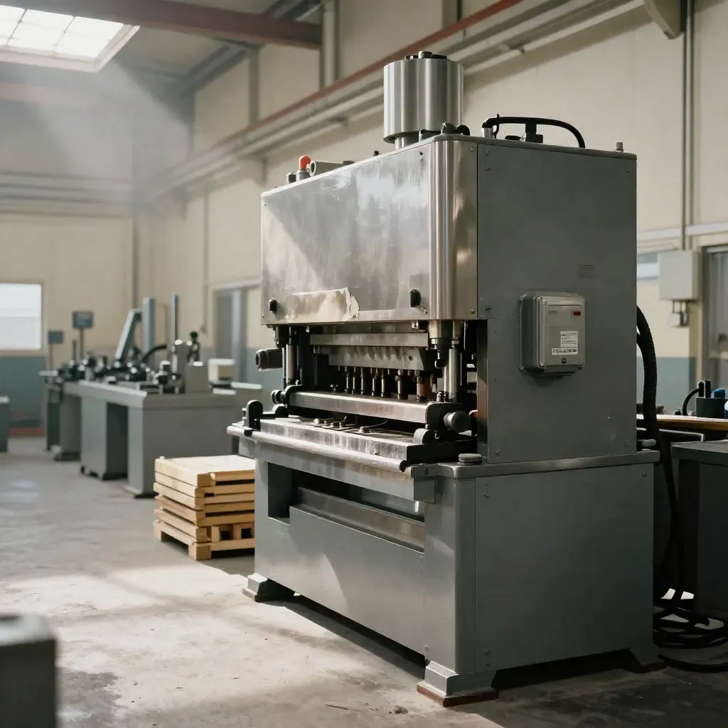 Newly installed industrial press in a bright factory bay with daylight and dust.