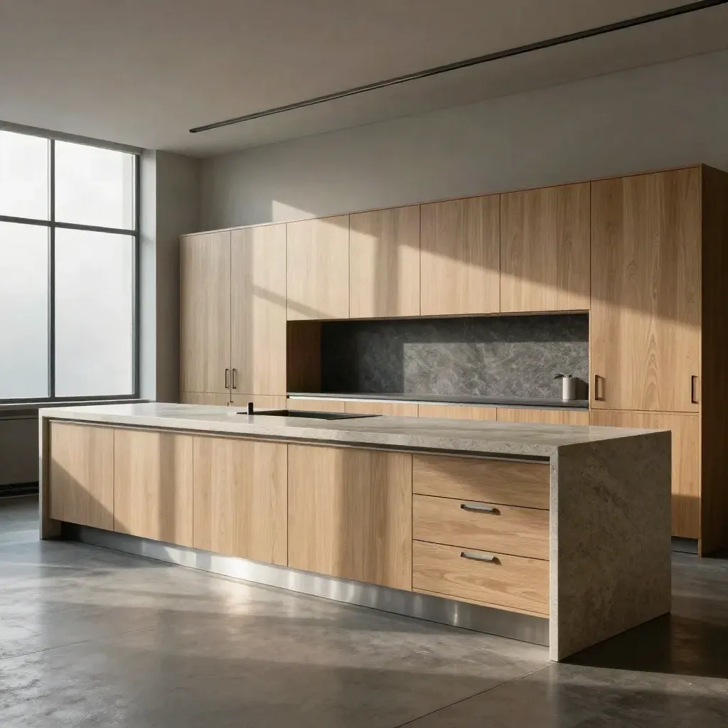 Quiet industrial office suite with continuous stone counter and unified cabinetry in soft slate light.