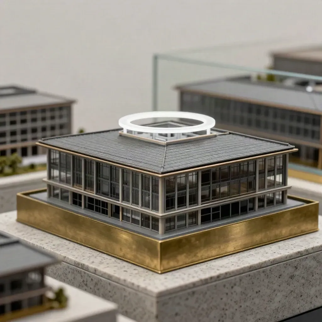 Commercial property model with acrylic valuation halo on a brass base, in soft haze.