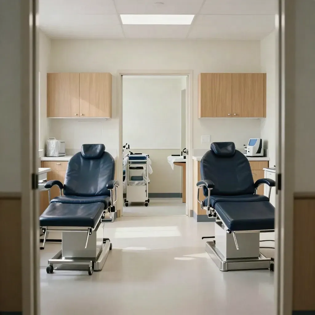 Mirrored modern clinic interiors with treatment chairs, cabinetry, and equipment carts in a bright corridor.