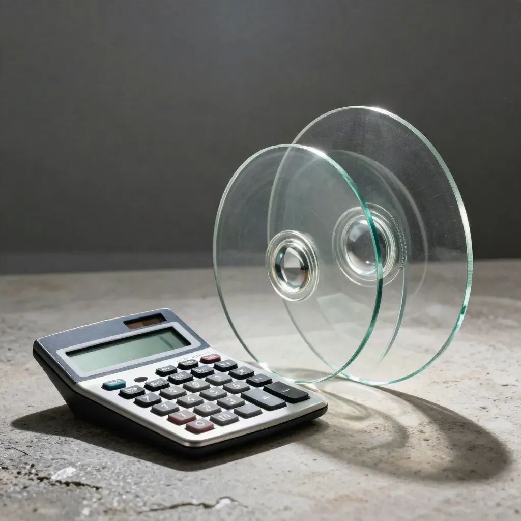 Calculator, paperweight and acrylic valuation discs on pale stone in dramatic light.