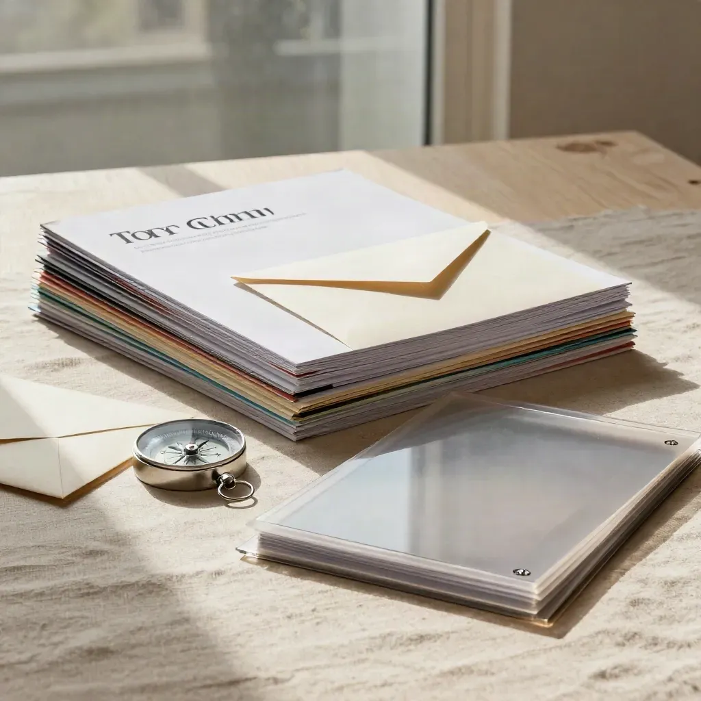 Colour-tabbed case files, sealed envelope and clear compass on cream linen in soft daylight.