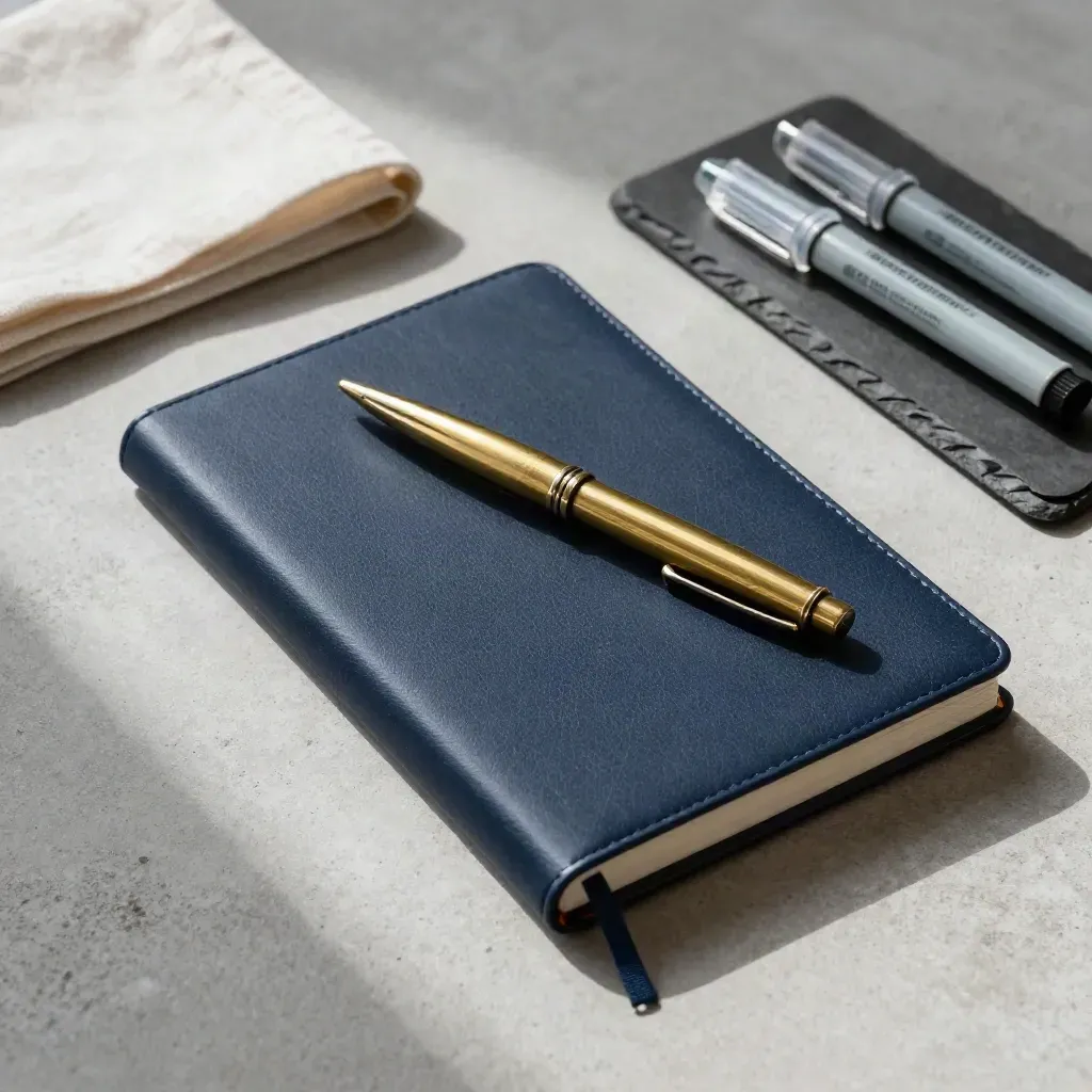 Navy notebook, brass pen and acetate markers on slate in soft side light.