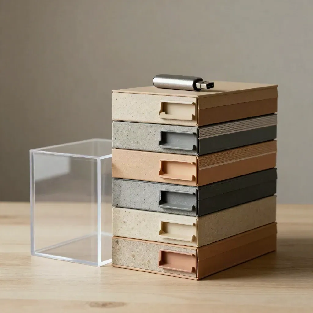 Stacked dossier boxes, USB drive, and clear archive cube on pale wood
