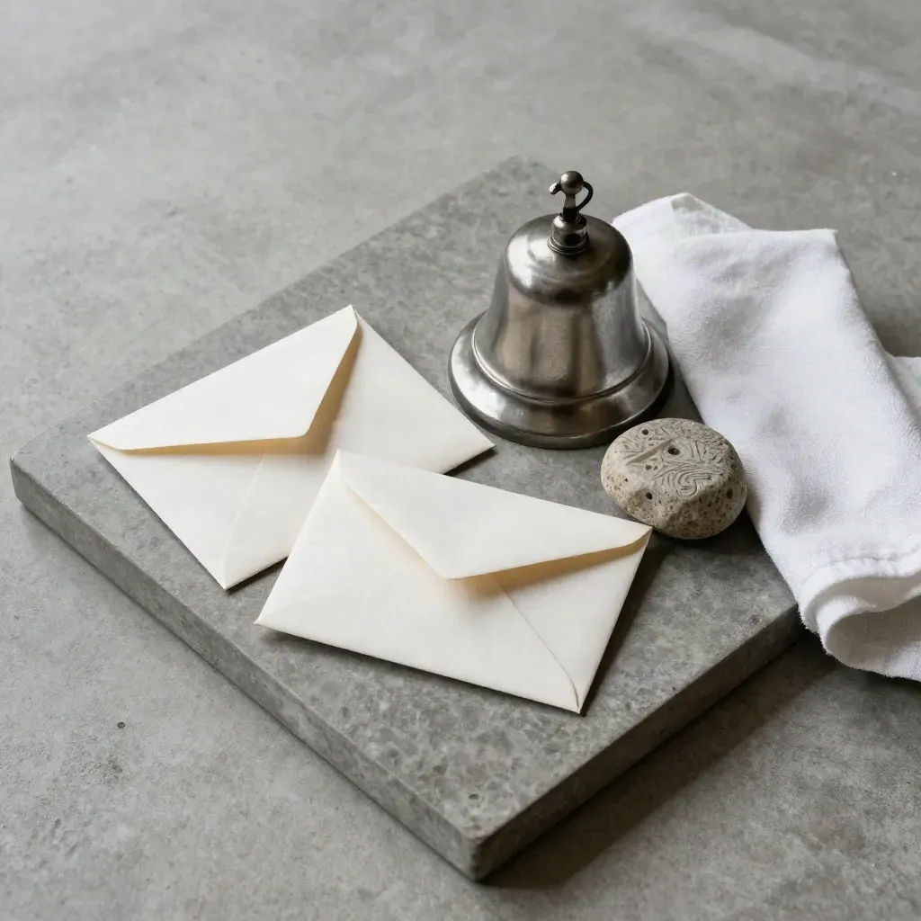 Envelope sleeves, call bell and route stone on a brushed tray with folded linen, seen from above.