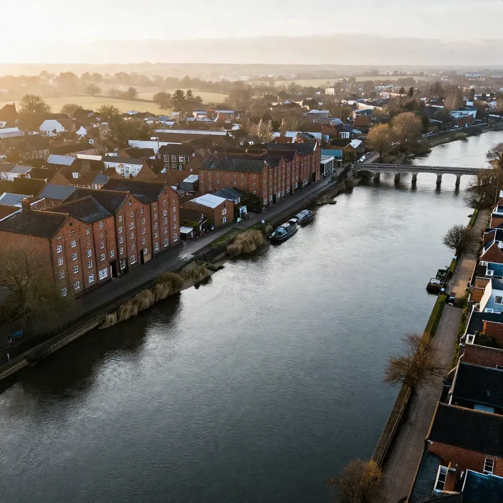 River Avon aerial past brick warehouses and a viaduct in soft evening haze