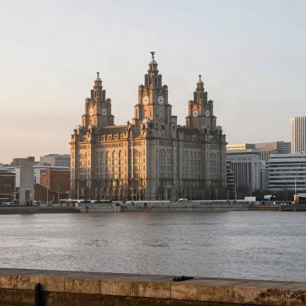Liverpool waterfront and the Three Graces above a calm silver Mersey in warm haze.