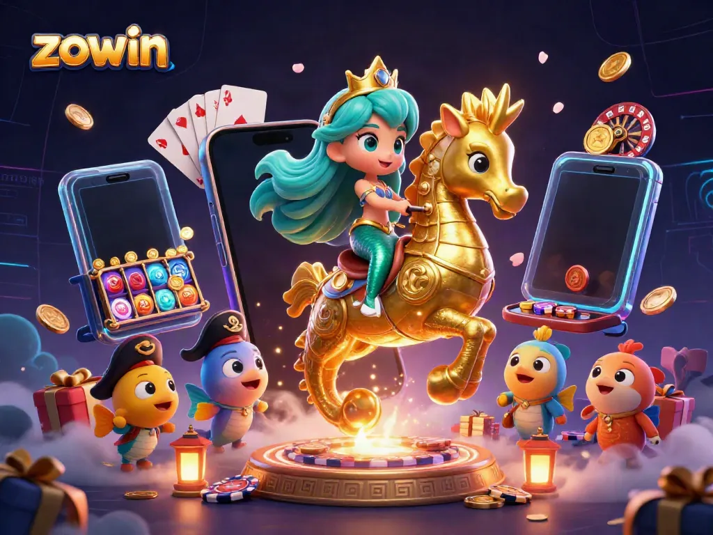 Zowin showcases a vibrant 3D mermaid character celebrating with casino-themed elements like slot games and poker cards.
