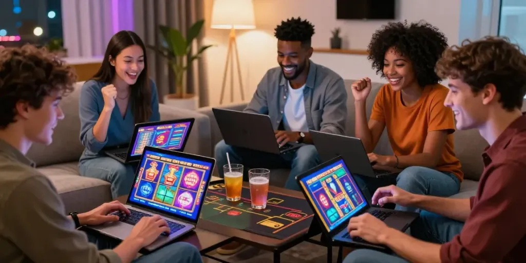 Diverse group enjoying gaming at a virtual casino not on gamstop, showcasing excitement and modern online experiences.