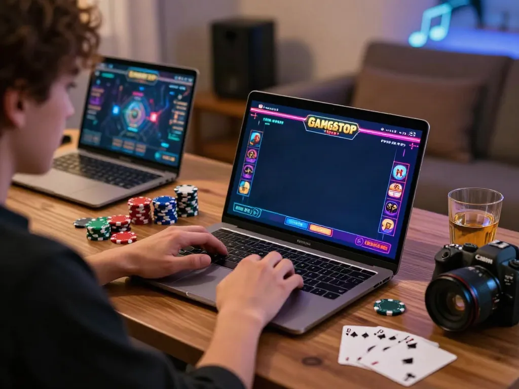 Home gambling setup featuring lively laptop game screen, not on gamstop.