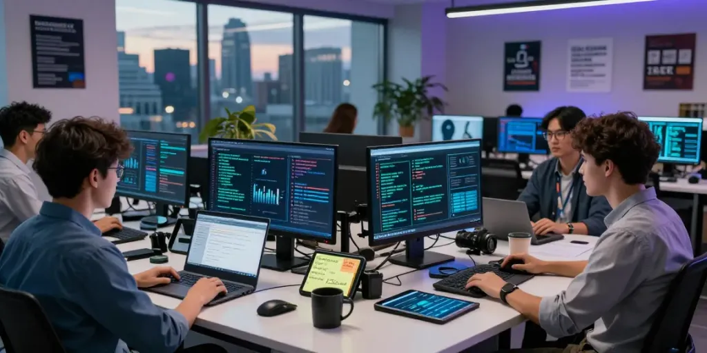 Cyber intelligence firm team collaborating in a modern operations center, analyzing security threats and data.