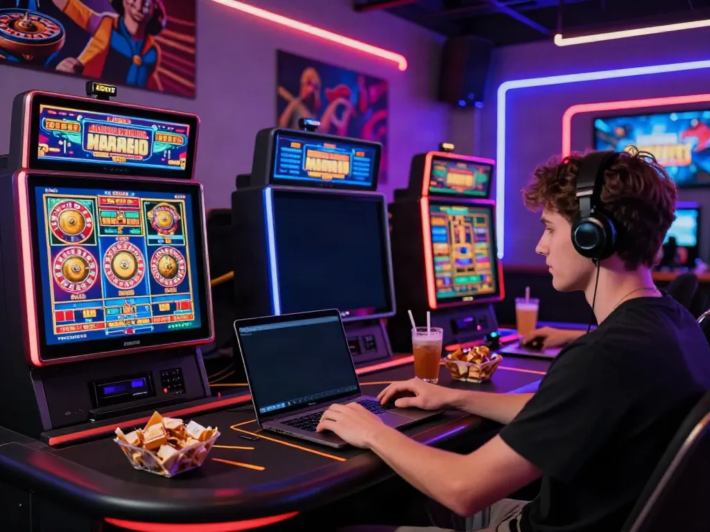 Dynamic scene of a young adult enjoying online casino games not on gamstop with colorful setups and lively ambiance.