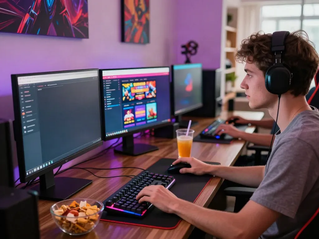 Person enjoying online gaming at a desk with non-GamStop options, cozy atmosphere.