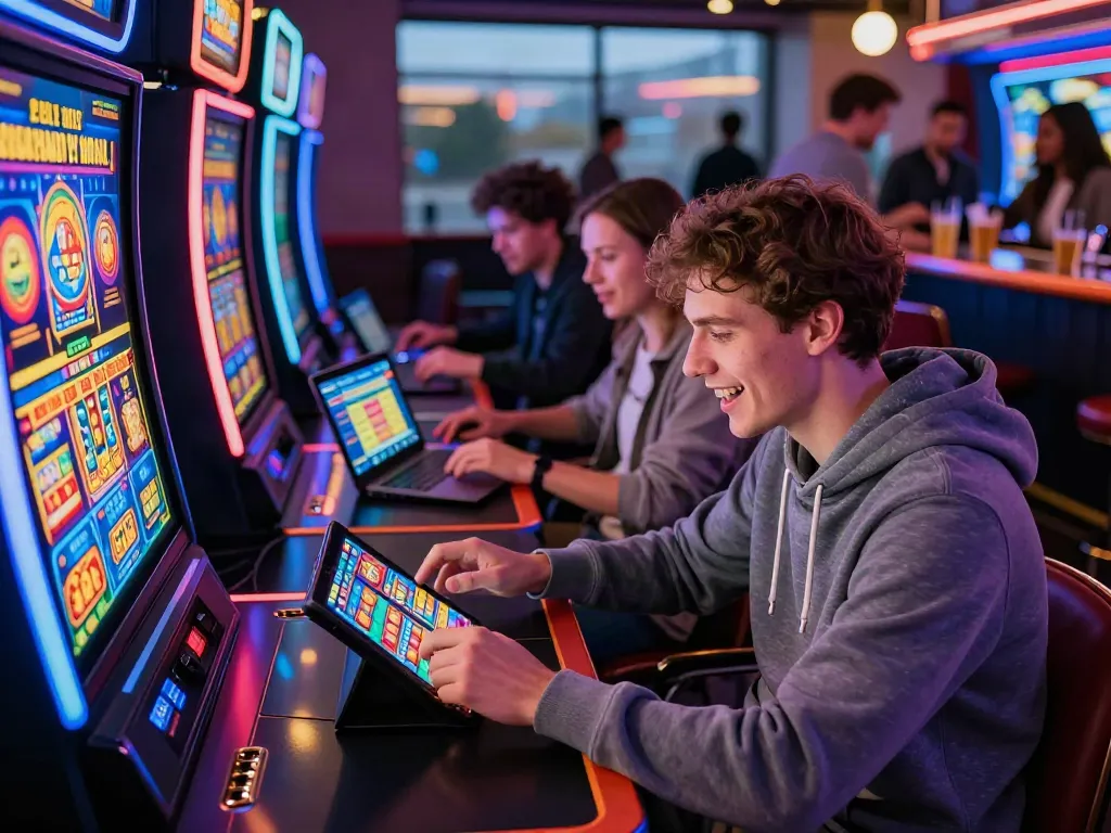 Exciting scene of players at a non GamStop casino engaging with games on tablets and laptops.