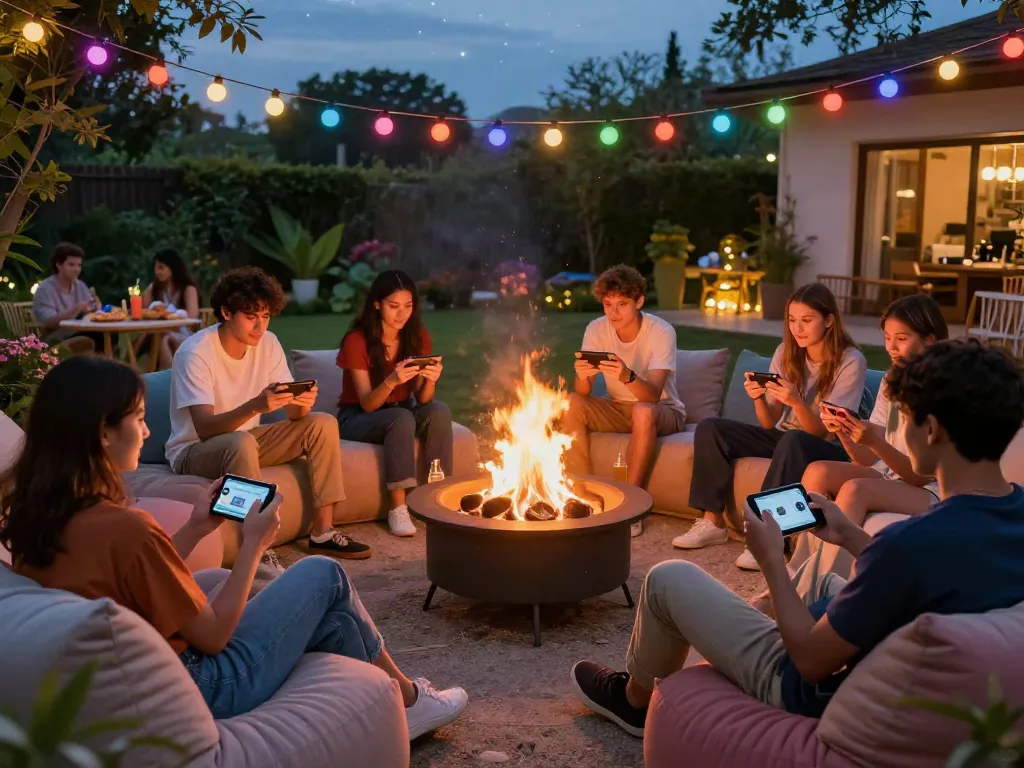 Friends enjoying gaming outdoors at a gathering not on gamstop, surrounded by snacks and lights.