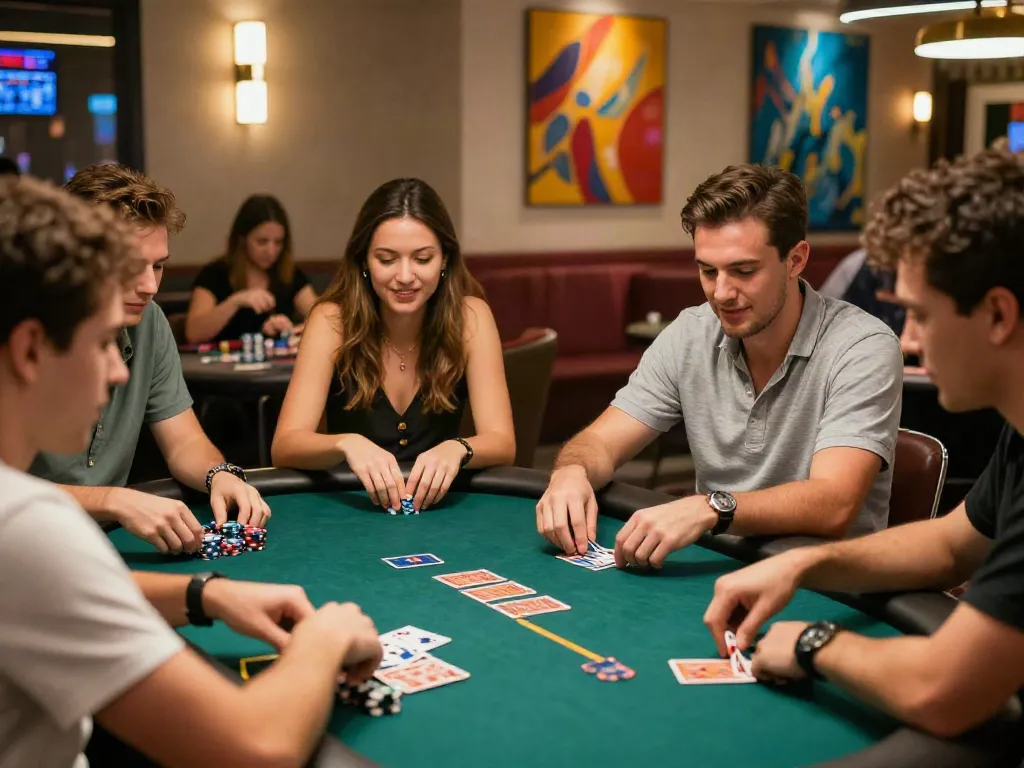Friends enjoying card games at a casino table on http://11bet-app.net/