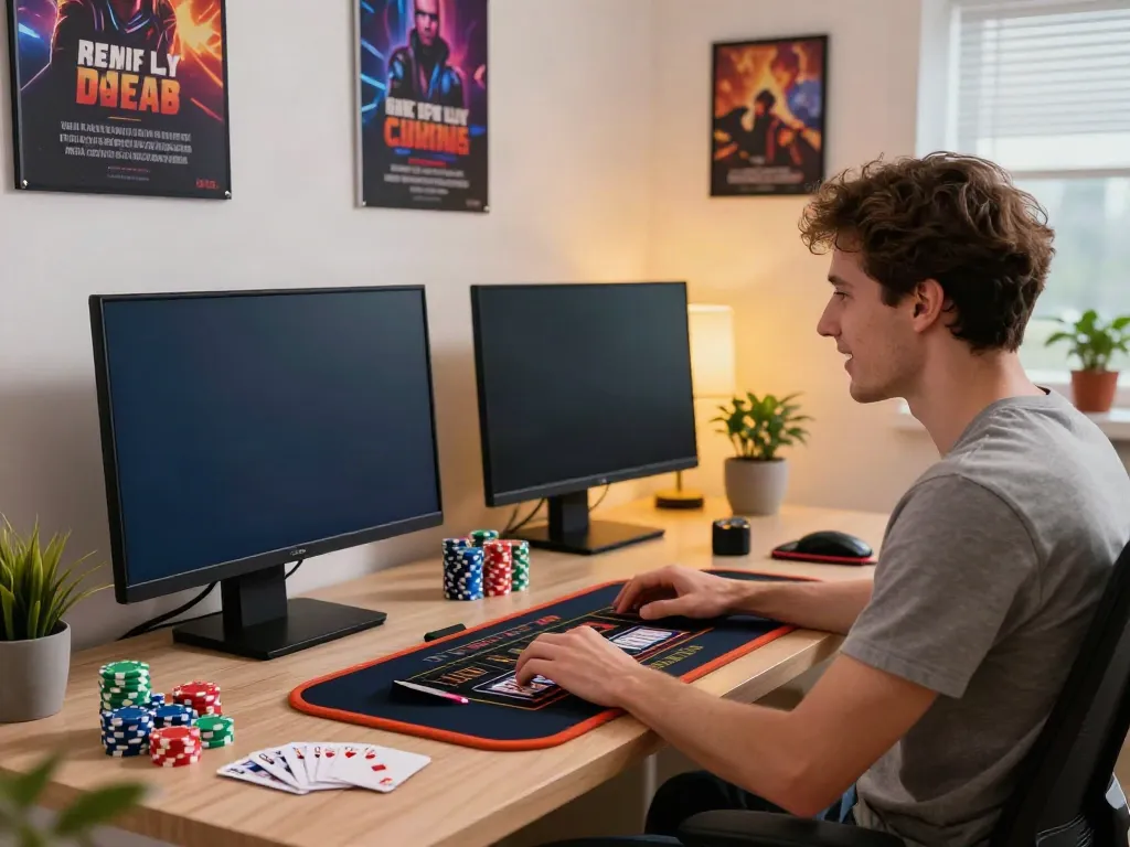 Engaged gamer enjoying slots at a desk in a modern home office, highlighting casinos not on GamStop.