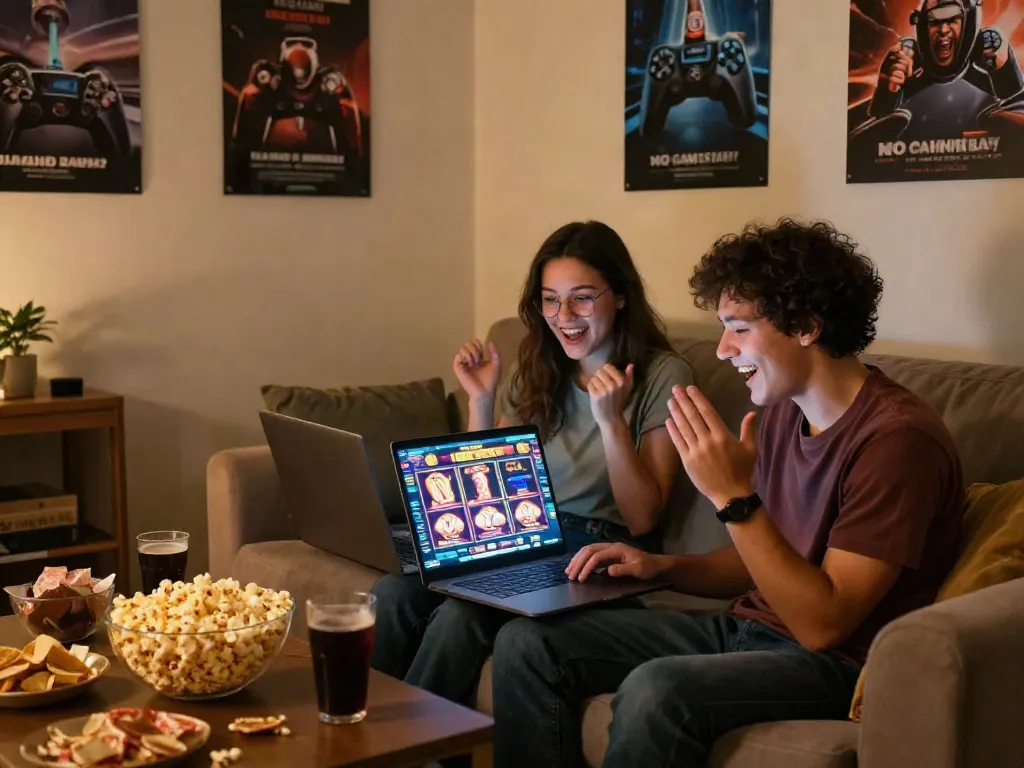 Friends enjoying online gaming at a cozy home den, not on gamstop.