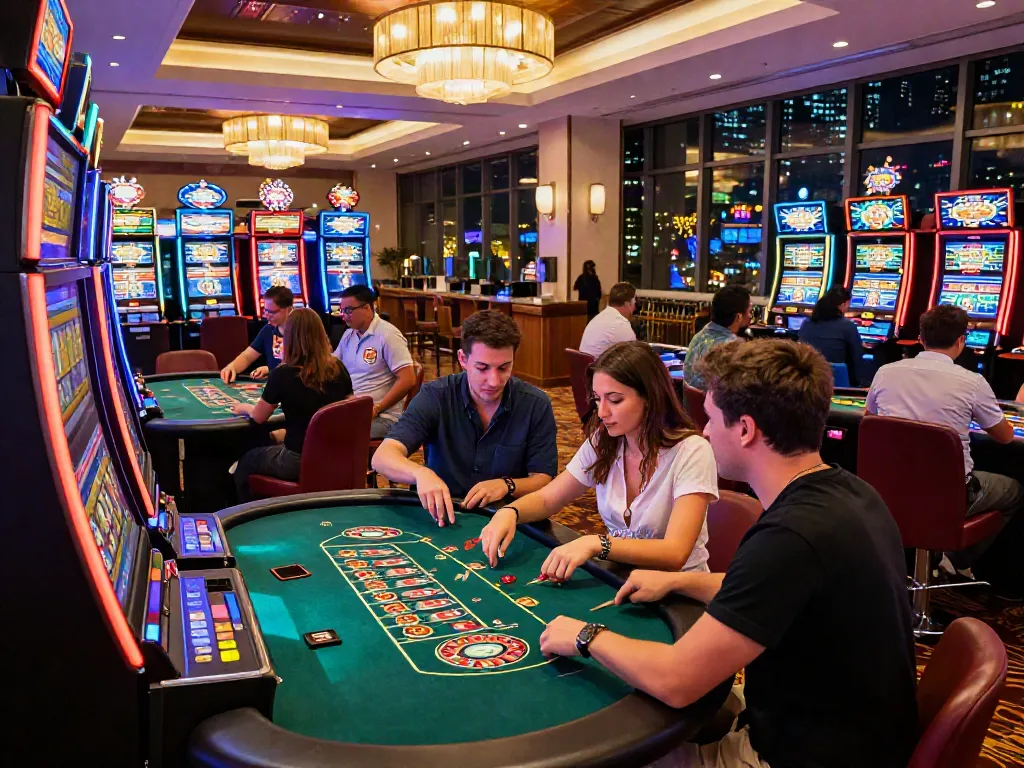 Exciting gaming atmosphere at a casino not on gamstop featuring diverse players and vibrant lighting.