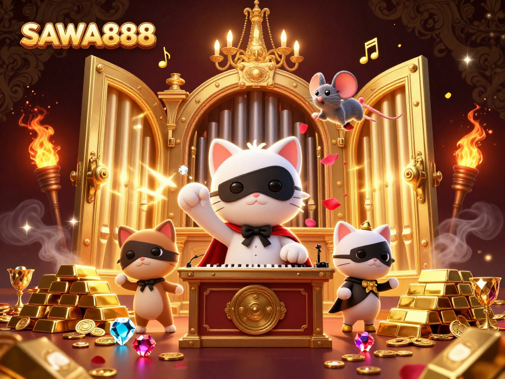 Experience the excitement of SAWA888 with jackpot symbols and treasures in a vibrant casino scene.