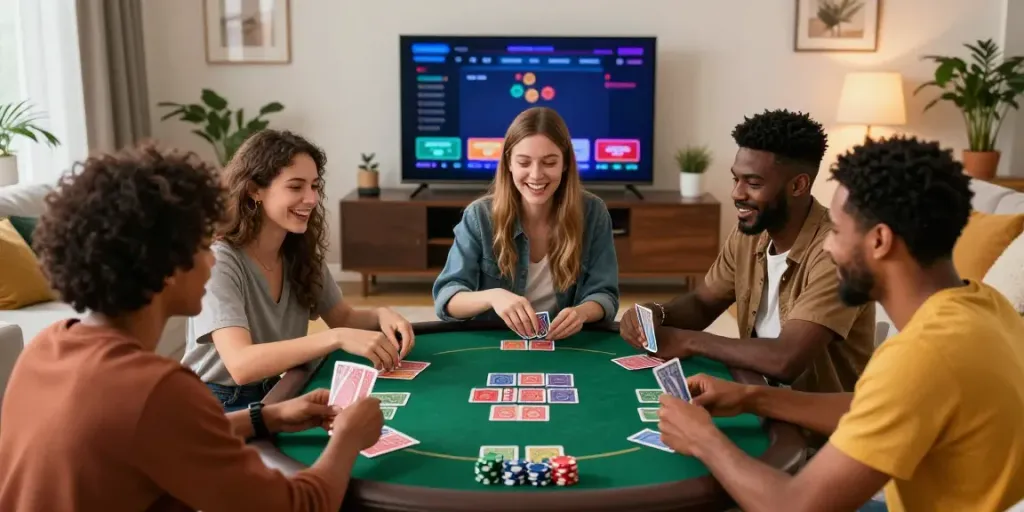 Friends enjoying a game night, emphasizing fun at non GamStop casinos.