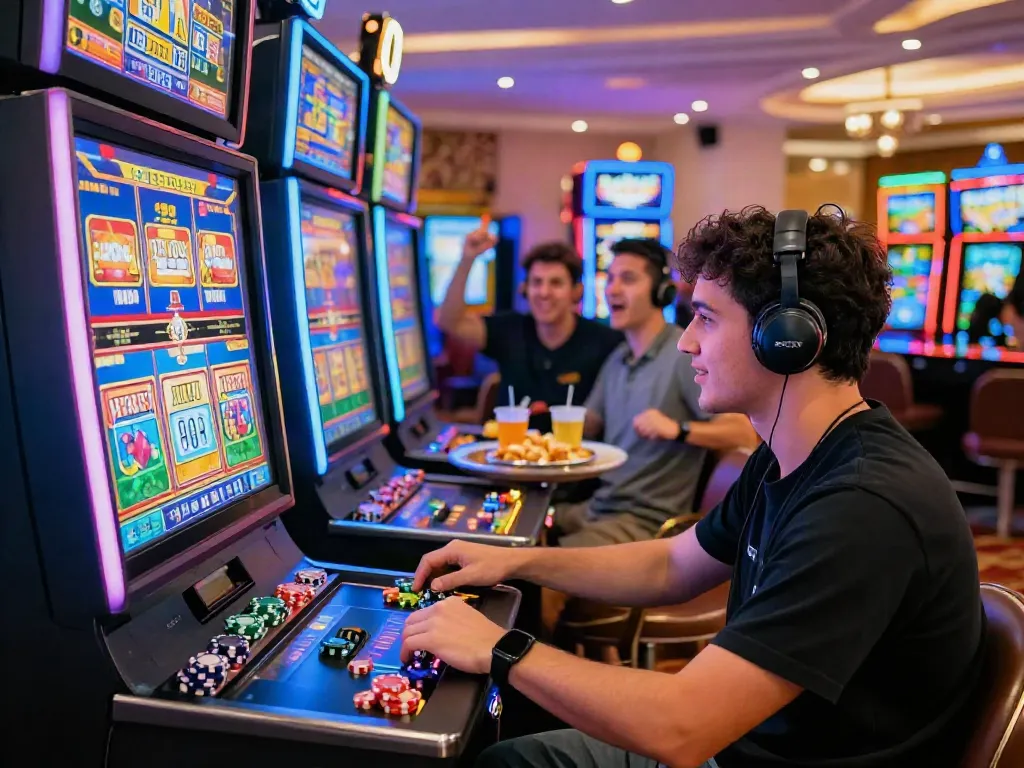 Player enjoying slots at a vibrant online casino not on gamstop, surrounded by lively ambiance and gaming excitement.