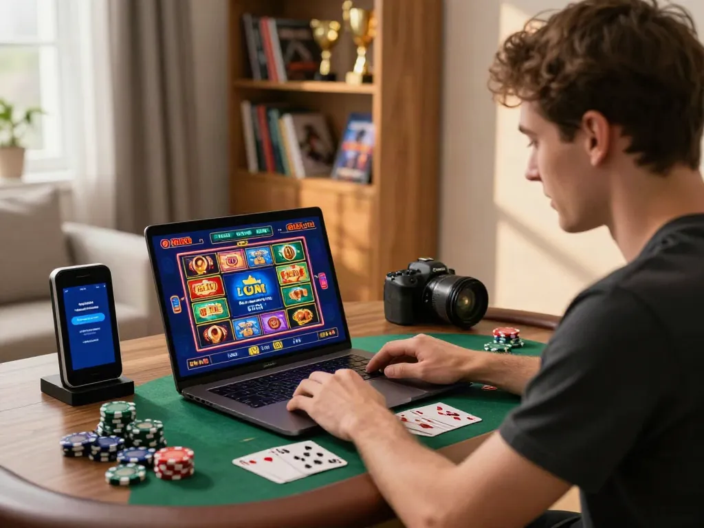 Man enjoying casino games online in a cozy setting; not on gamstop.