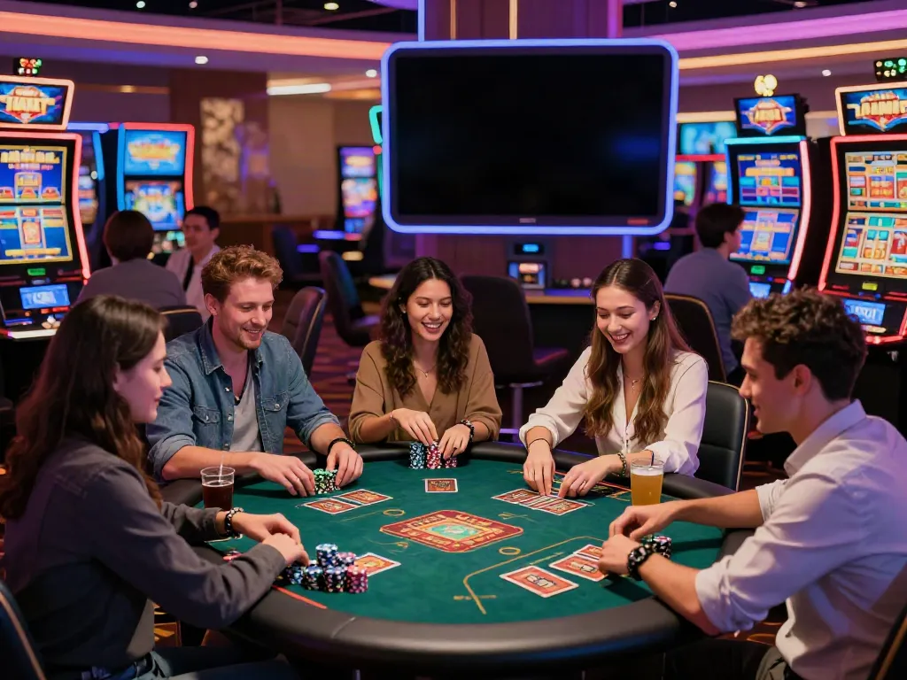 Exciting scene of diverse players at casinos not on gamstop enjoying slot machines and card games.