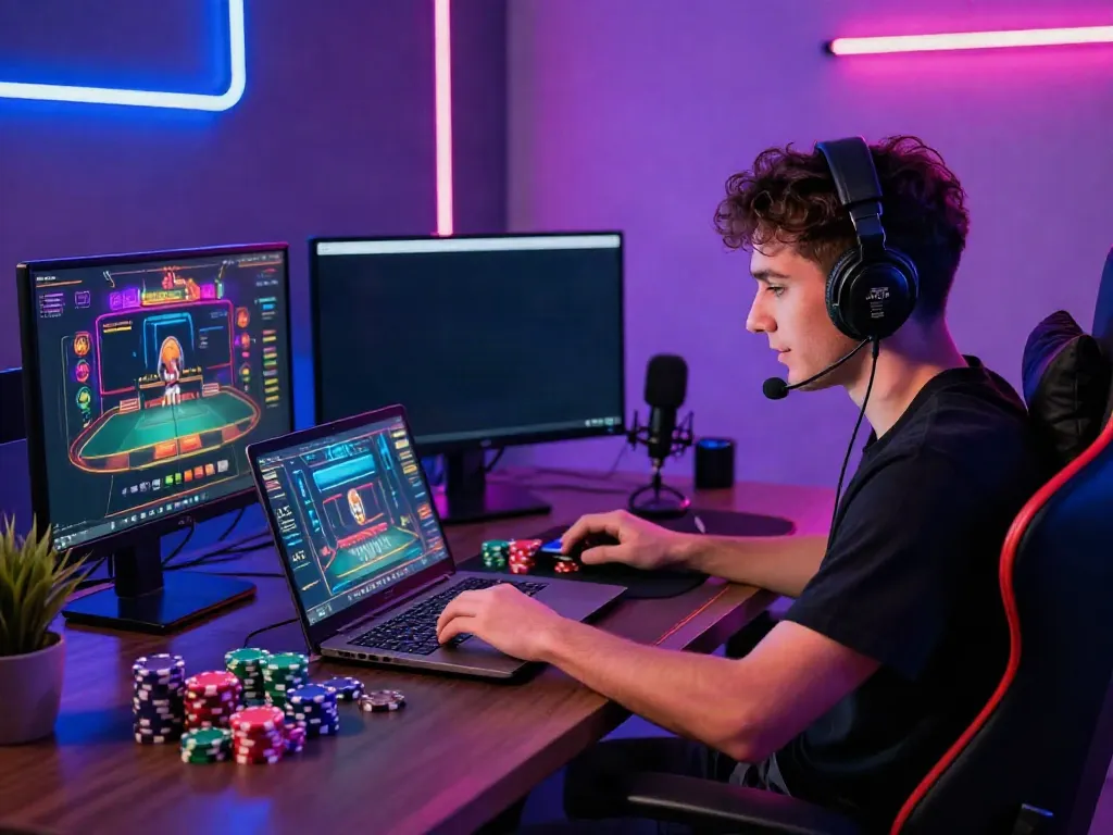 Player immersed in gaming at a stylish desk in an online gambling scene, highlighting excitement not on gamstop.