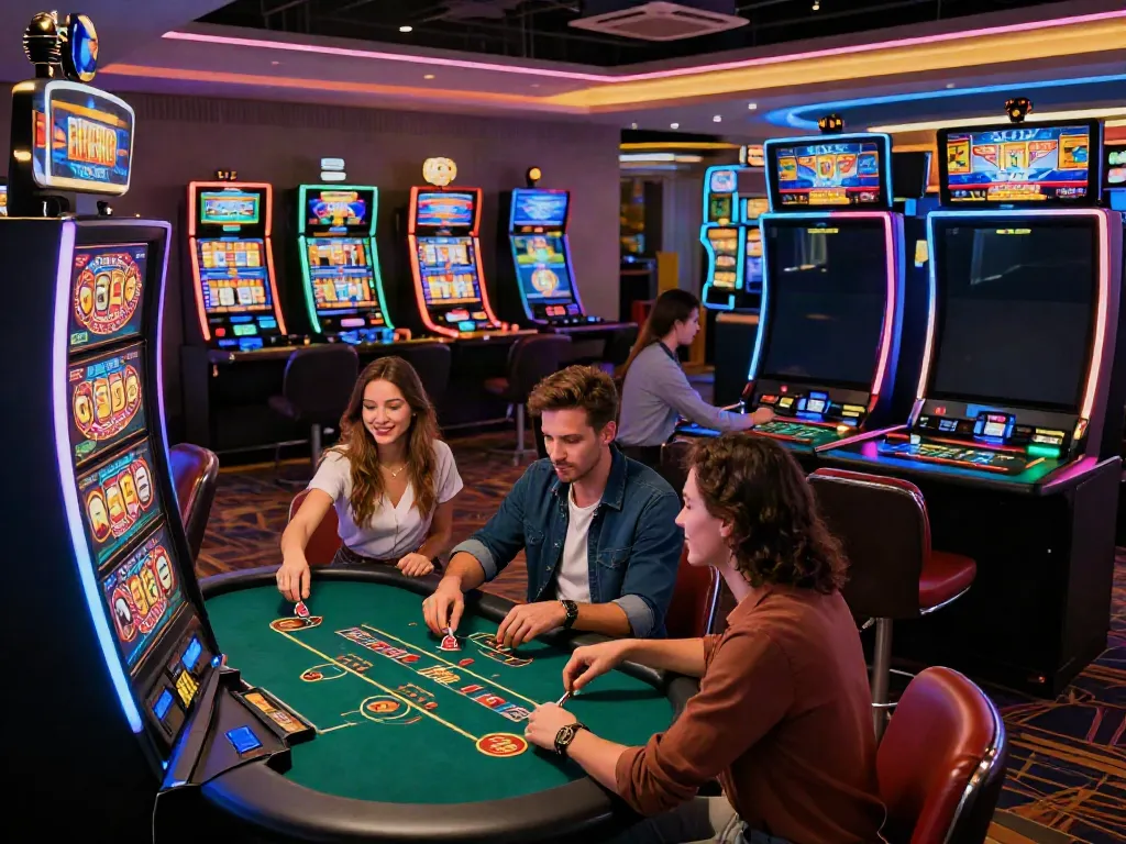 Exciting casino scene featuring friends enjoying gaming options not on GamStop, highlighting dynamic atmosphere.