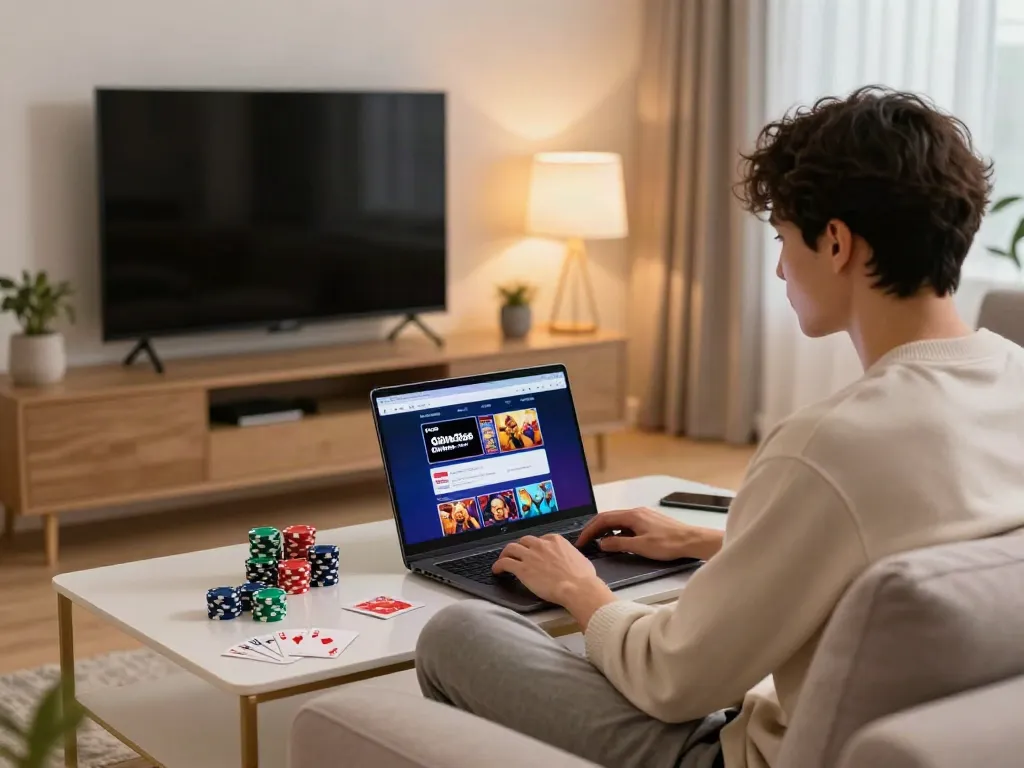 Exciting online gambling experience highlighting non-GamStop casino enjoyment in a modern living room.