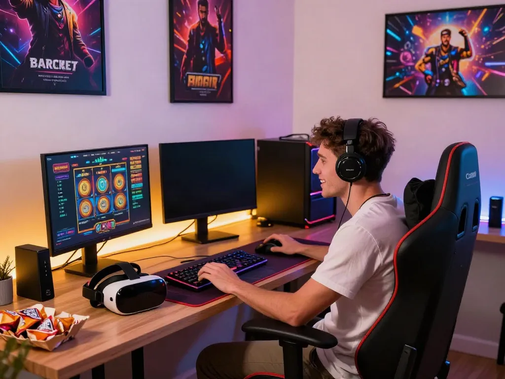 Exciting online gaming setup with vibrant displays in a home office, focusing on the gamer engaged in action, highlighting slot games from casinos not on GamStop.