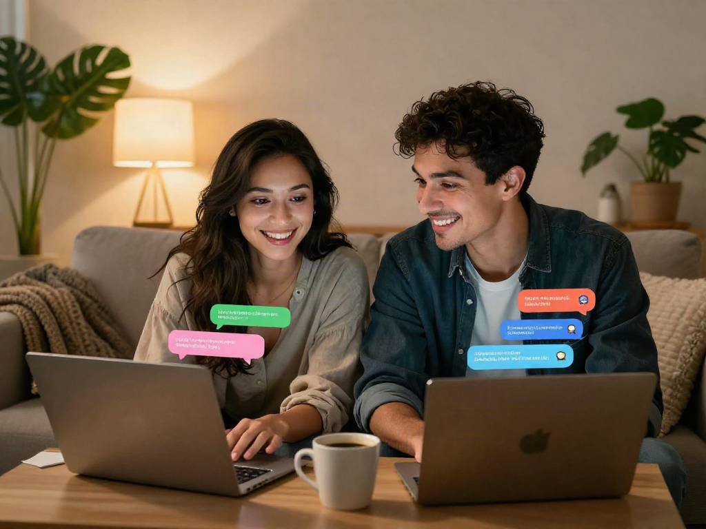 Couple engaging in sex chat ai on laptops in a cozy setting, showcasing playful interaction.