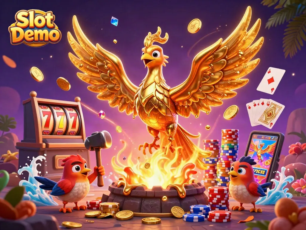 Engage with Slot Demo showcasing a golden phoenix and dynamic casino elements in vibrant 3D detail.