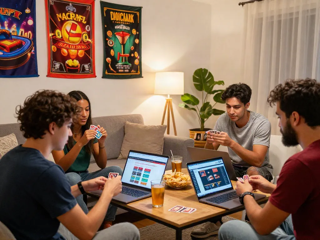 Friends enjoying gaming at home with websites not on gamstop displayed