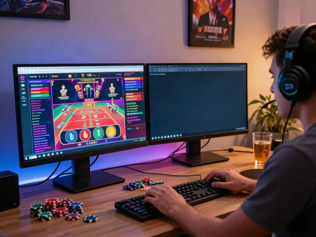 Engaged gamer enjoying vibrant online casino experience not on gamstop, dynamic focus, modern setup.
