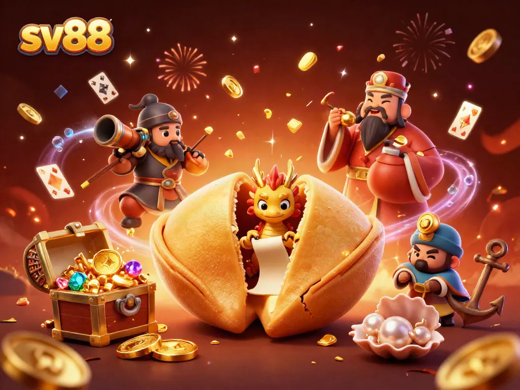 Engage in lively gaming at sv88 with a dragon and fortune cookie amidst a treasure-filled backdrop.