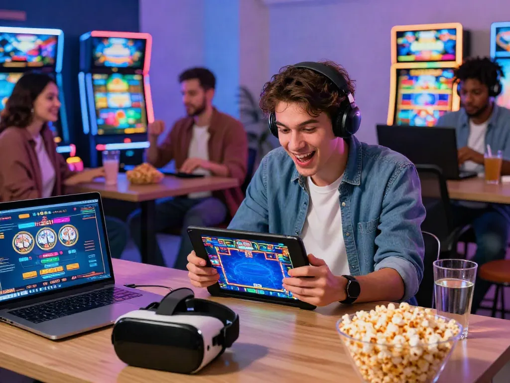 A young man playing a slot game not on gamstop on his tablet in a lively online casino setup.