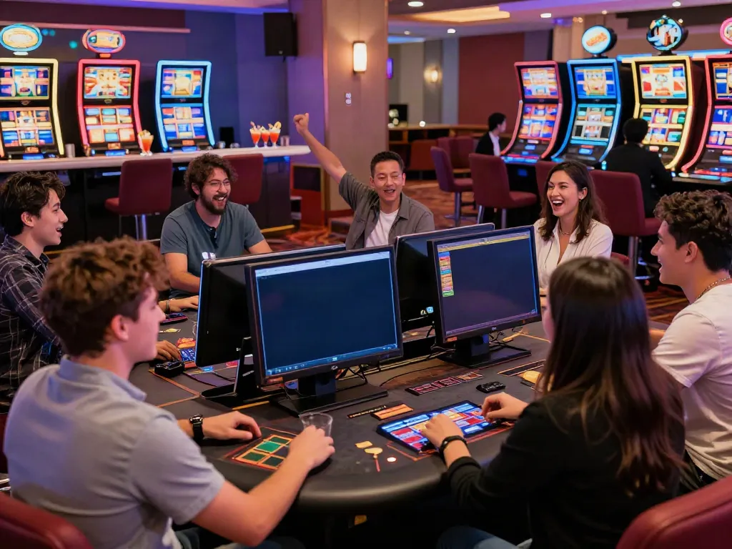 Excited players enjoying a casino experience not on gamstop with colorful lights and vibrant atmosphere.