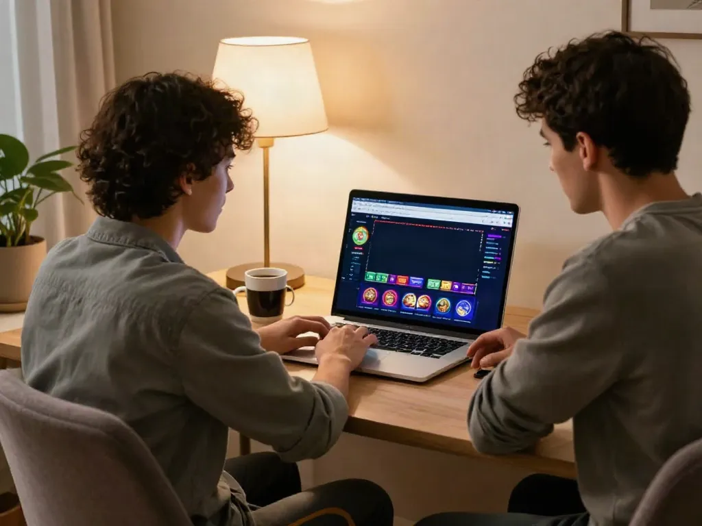 Engaging scene of online gambling at home with casino site not on GamStop displayed on laptop.