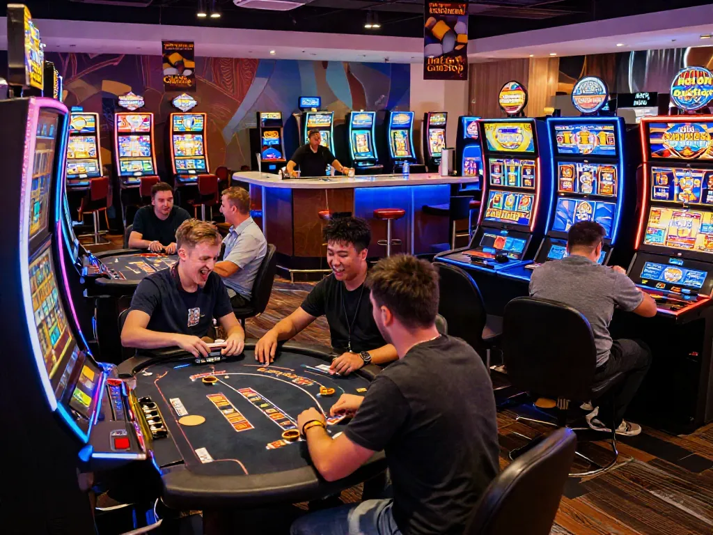 Exciting gaming scene at a vibrant casino not on GamStop, featuring players enjoying various slot machines and card games.