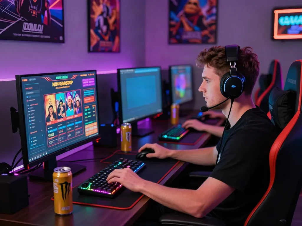 Engaging online gaming scene featuring a player at a non GamStop casino setup with vibrant lighting and accessories.